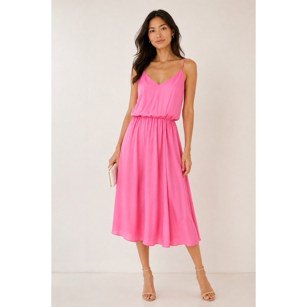Yumi Kim Hot Pink Silk Midi Dress V-Neck Sleeveless Blouson Waist Small